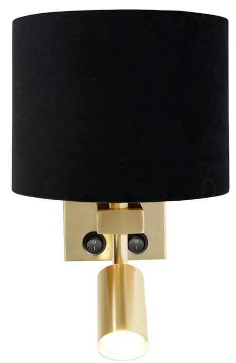 Candeeiro de parede em latão com luz de leitura e abajur de 18 cm preto - Brescia