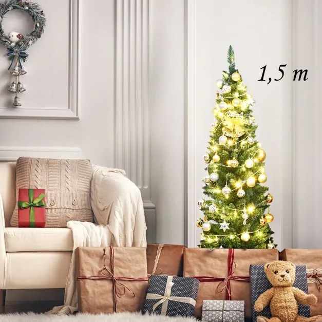 Árvore de Natal artificial de 150 cm fina com 220 pontas de ramos em PVC Suporte metálico Fácil de montar Verde