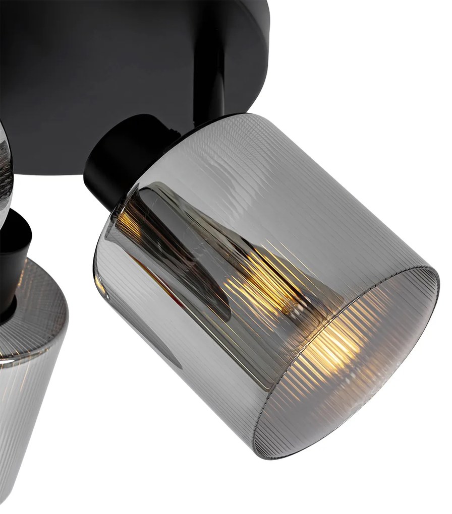 Candeeiro de teto spot preto com vidro fumê redondo 3-luzes ajustável - Laura
