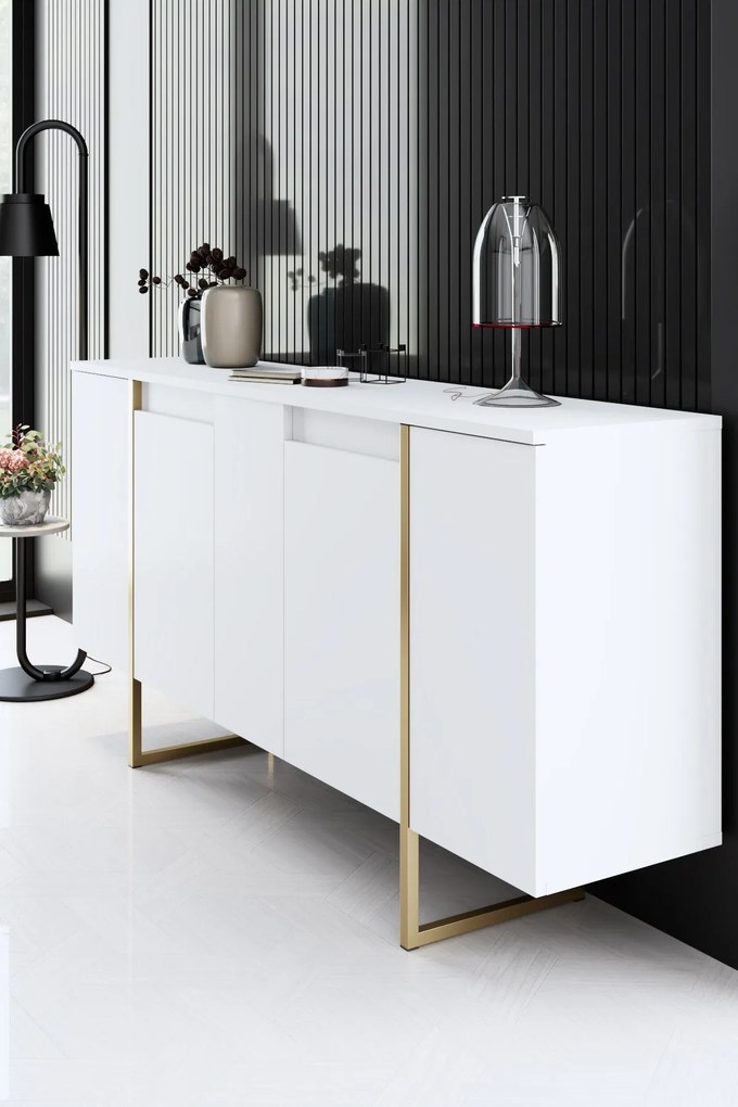 Aparador "Madrid" com 4 Portas - Branco e Dourado - 160x80x35 cm - Des