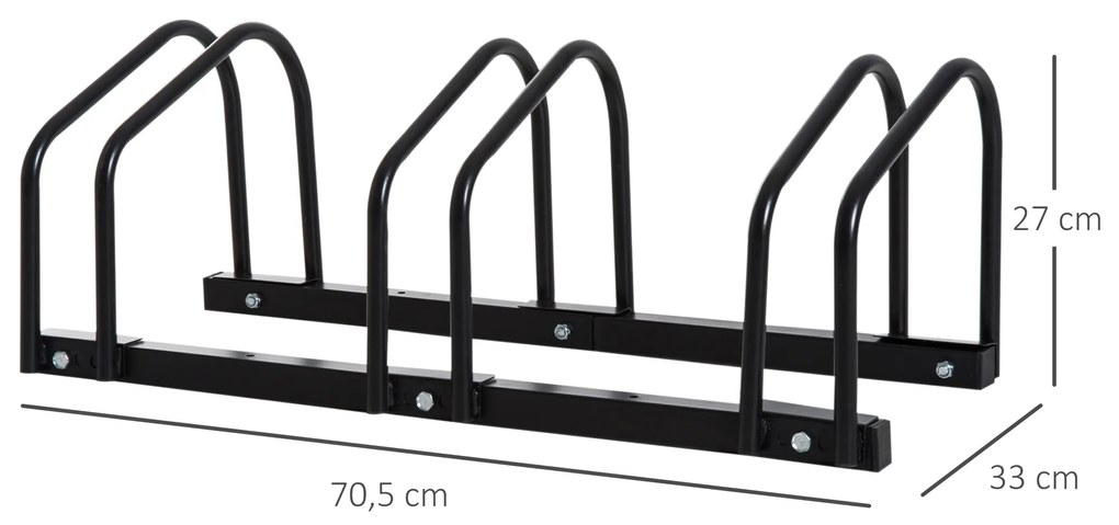 HOMCOM Estacionamento para 3 Bicicletas Suporte de Aço para Estacionar Bicicletas no chão para Interior e Exterior 70,5x33x27cm Preto