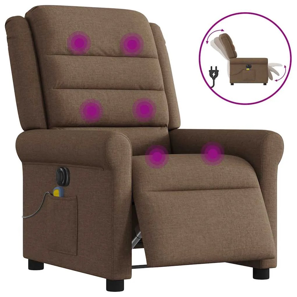 vidaXL Poltrona de massagens reclinável elétrica tecido castanho
