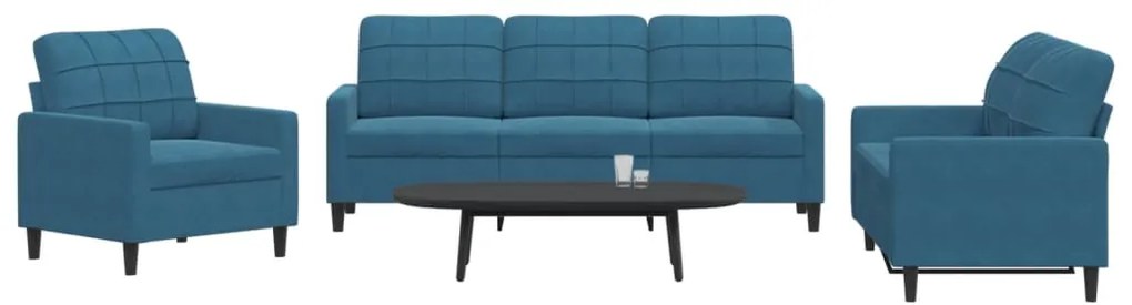 3 pcs conjunto de sofás com almofadões veludo azul