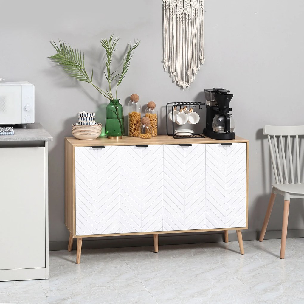 Aparador com 2 armários de 4 portas, padrão em espinha, prateleiras ajustáveis, 120 x 35 x 77,4 cm, branco