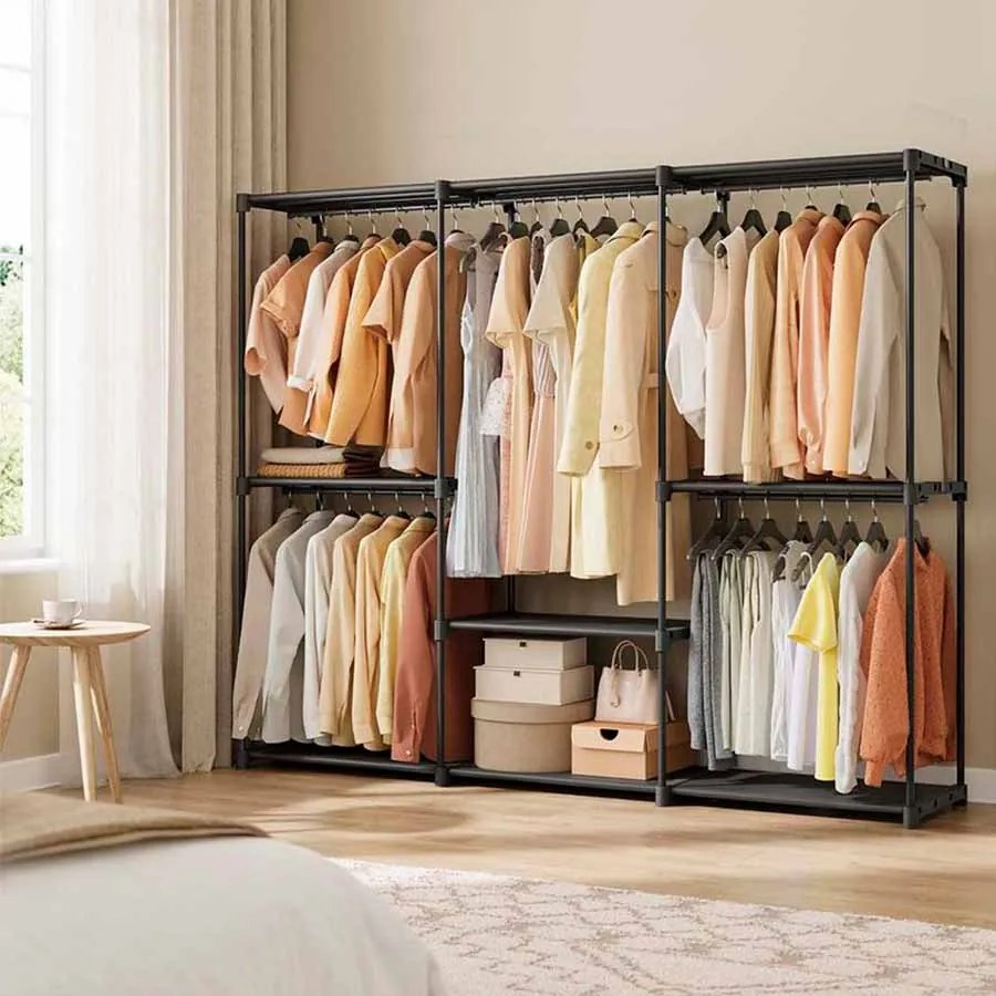 Guarda roupa aberto com 5 compartimentos para pendurar 205 x 43 x 166 cm preto