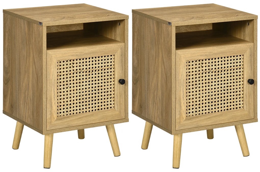 HOMCOM Conjunto de 2 Mesas de Cabeceira com Portas de Vime e Prateleira Aberta Mesa Auxiliar 39x35x60 cm Madeira