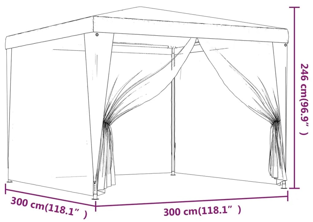 Tenda festas c/ 4 paredes laterais em rede 3x3 m PEAD antracite