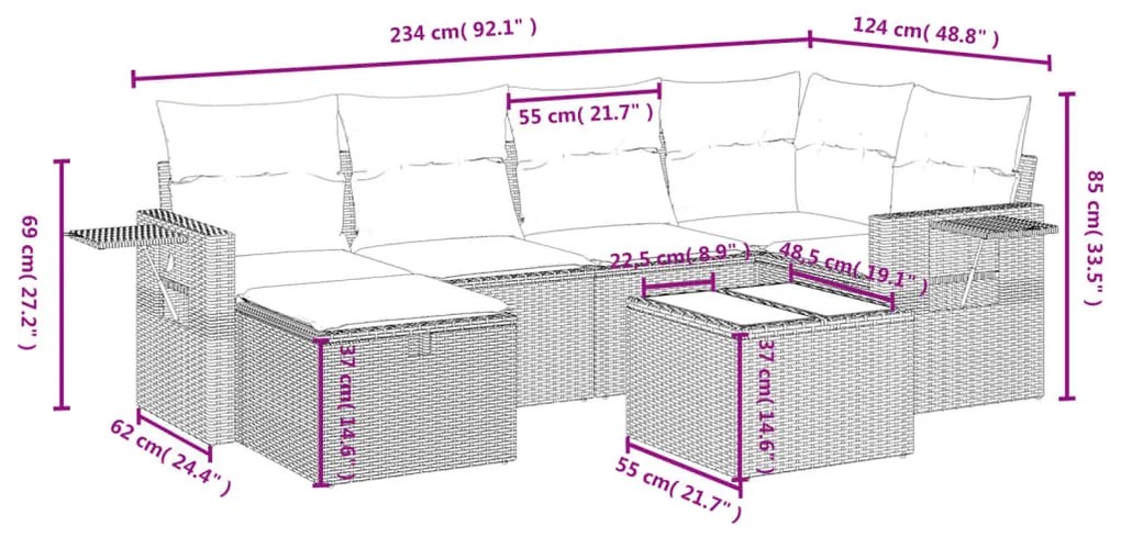 7 pcs conjunto de sofás p/ jardim com almofadões vime PE bege