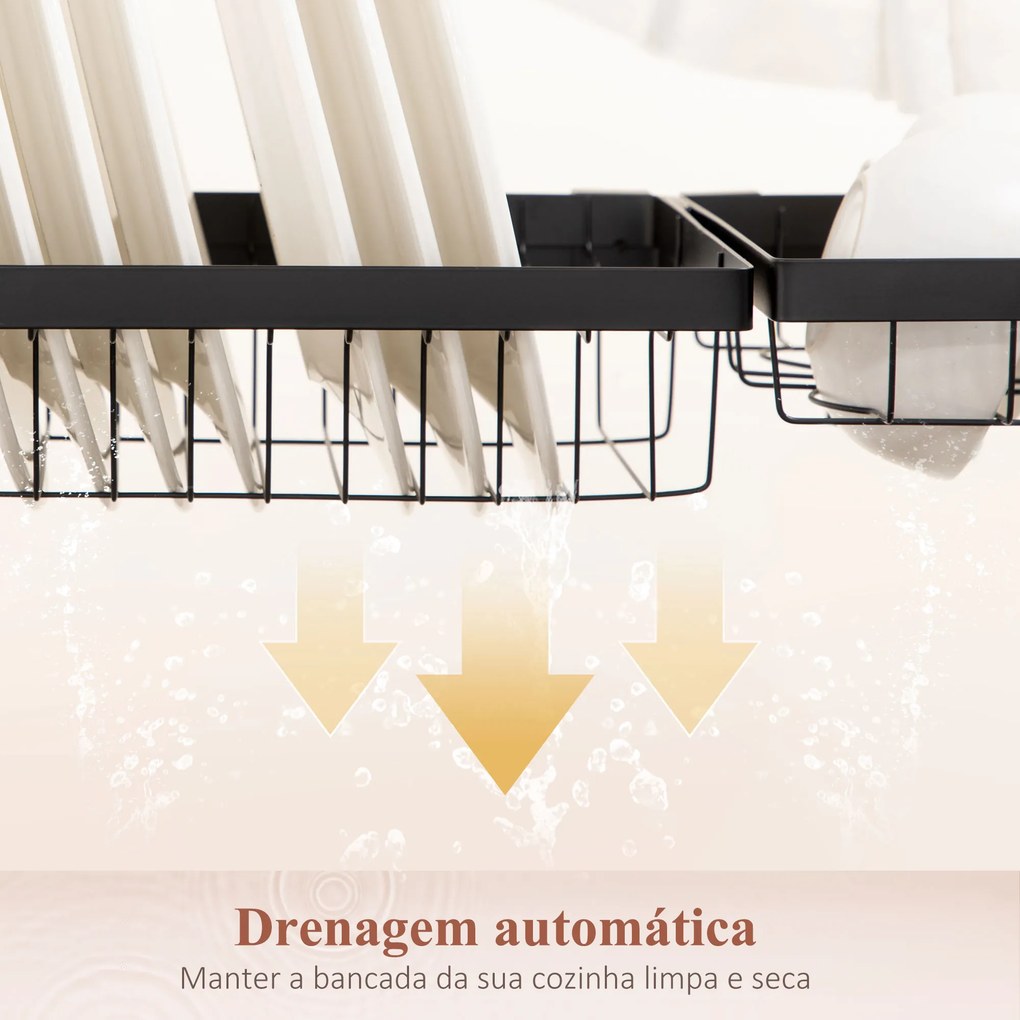 Escorredor de Louça de Aço de 2 Níveis com Suporte para Tábua Suporte para Talheres e 5 Ganchos 65x31,5x52,5cm Preto