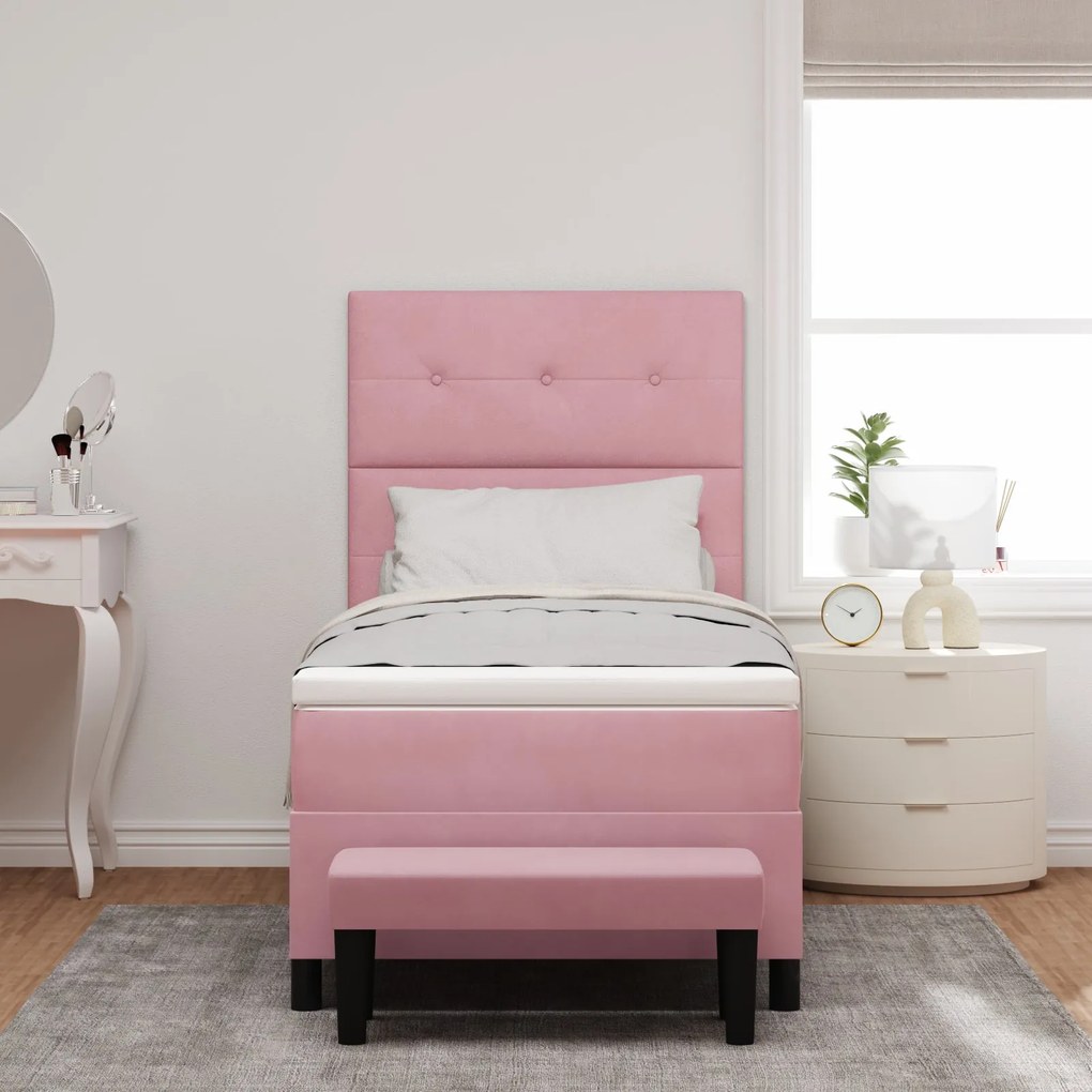 Cama Box Spring com Colchão e Banco Rosa 90x190 cm Veludo
