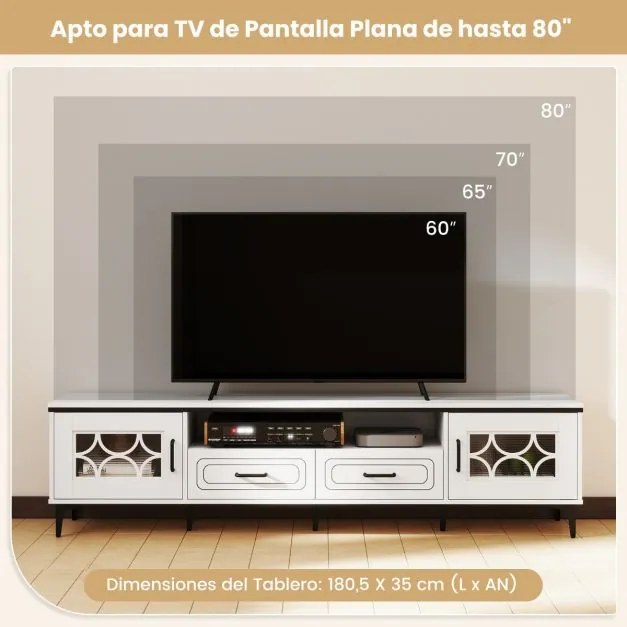 Móvel para TV de até 80 polegadas com 2 gavetas, 2 compartimentos com porta e prateleira 180,5 x 35 x 46 cm branco