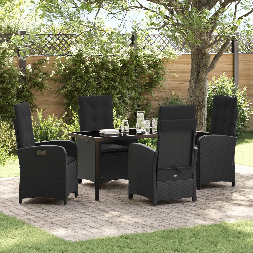 vidaXL Conjunto de Jantar de Jardim de 5 Peças com Almofadas Pretas de Polirattan