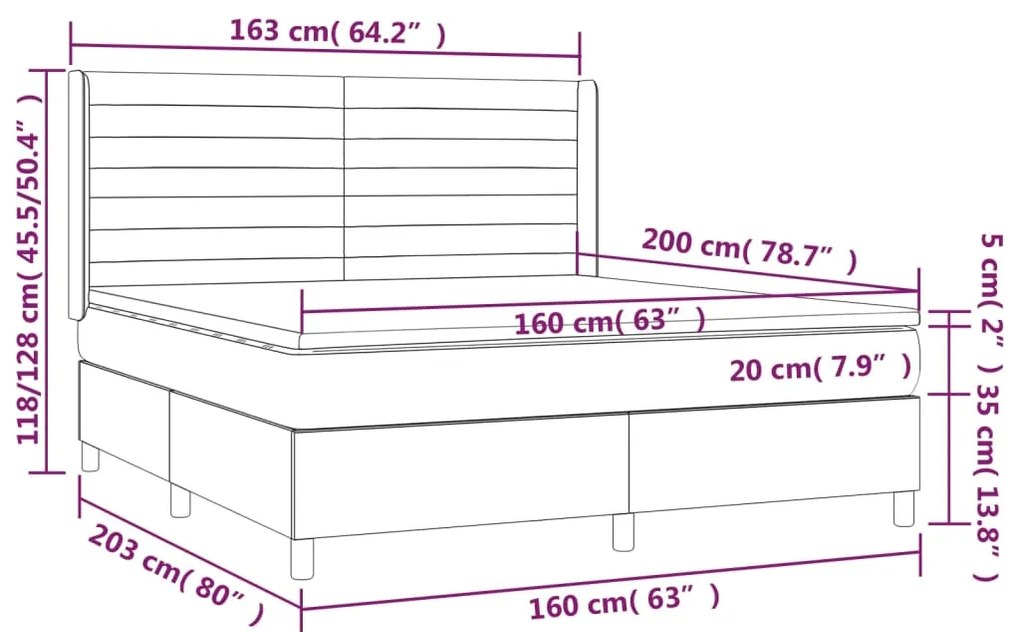 Cama box spring c/ colchão e LED 160x200 cm tecido cinza-escuro