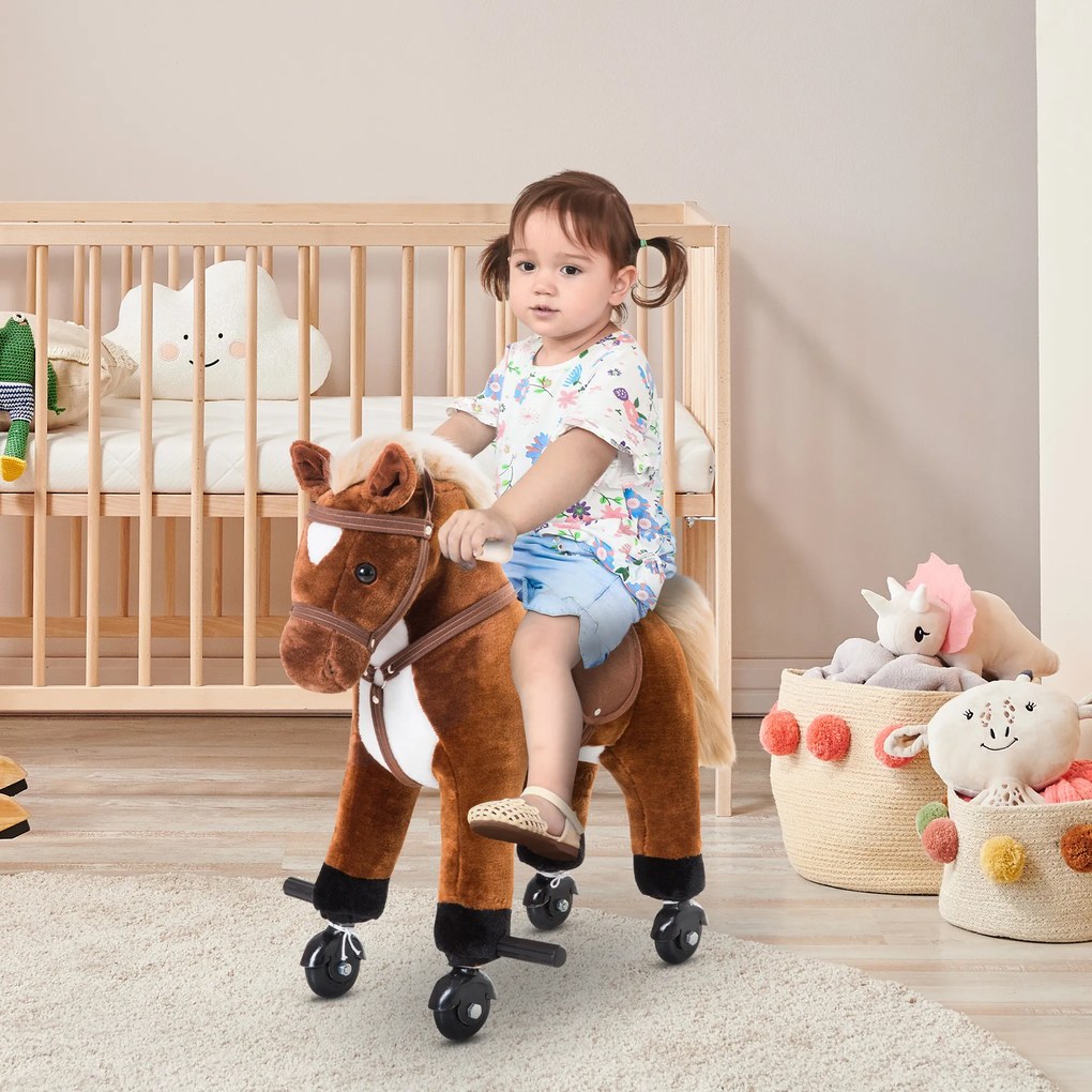 HOMCOM Cavalo para Crianças acima de 36 Meses Cavalo com Rodas Sons de Relincho e Pedais Carga Máxima 60 kg 55x23x60 cm Marrom