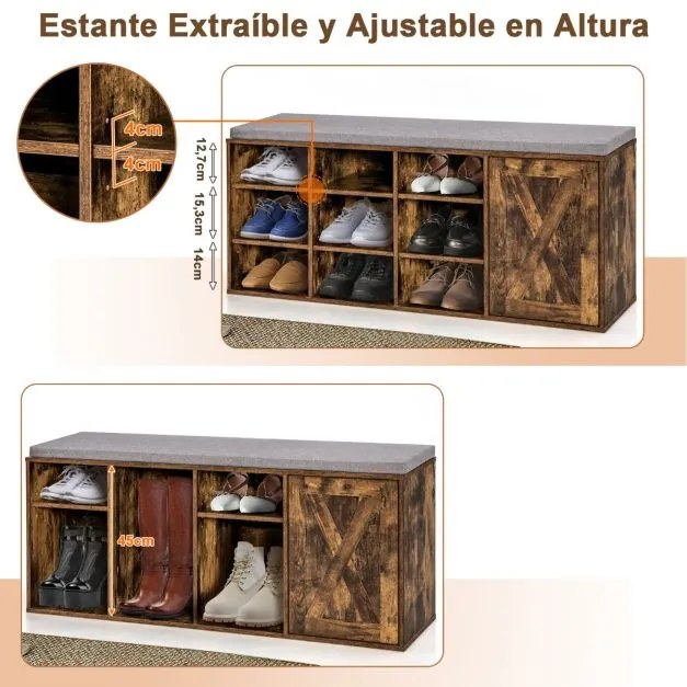 Banco Sapateira 110,5 x 30 x 49 cm para Sapatos de 3 Níveis com Almofada Acolchoada Removível Castanho