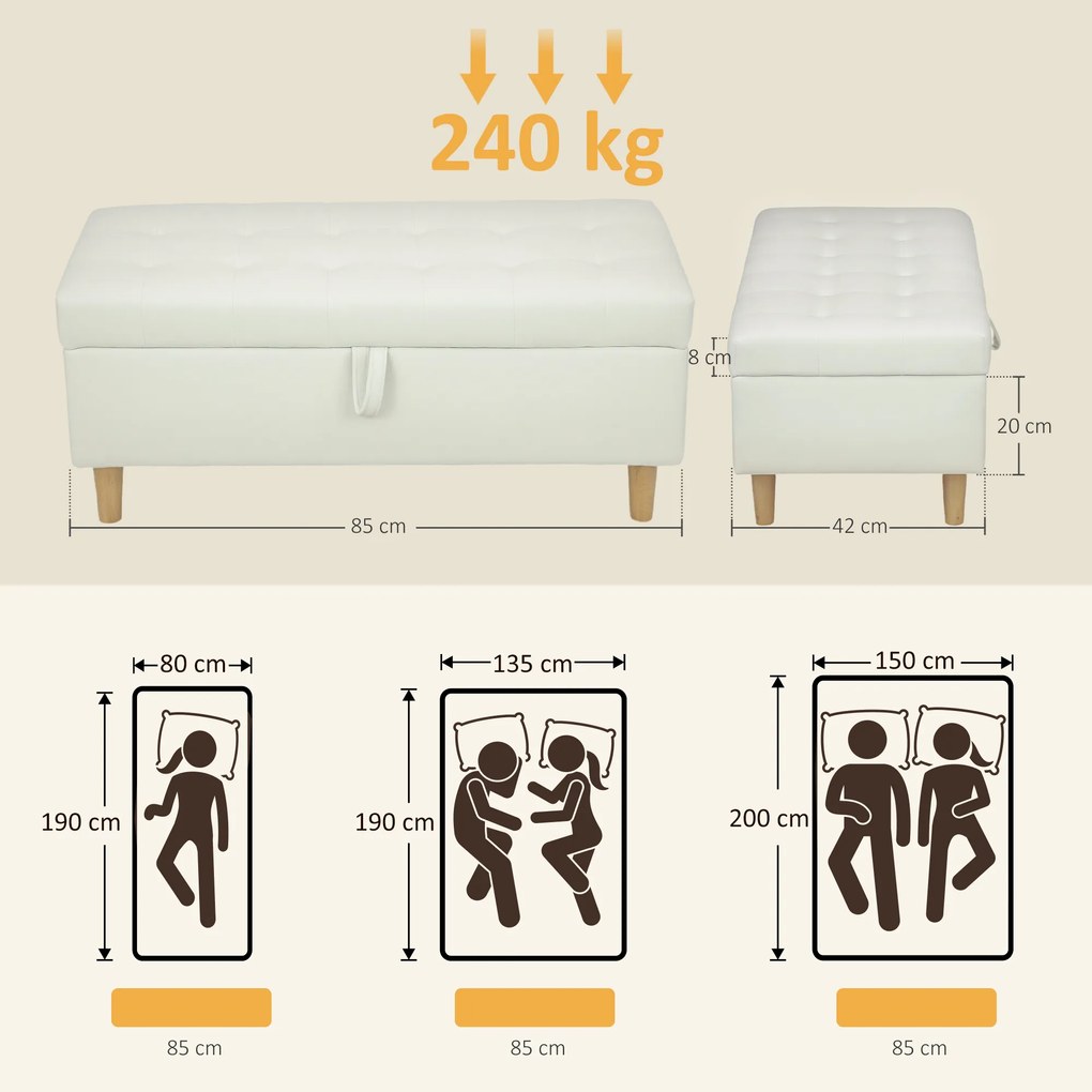 Banco de Arrumação Baú Estofado em Veludo com Pés de Madeira Capacidade 71L para Quarto Entrada ou Sala 100x50x43 cm Creme