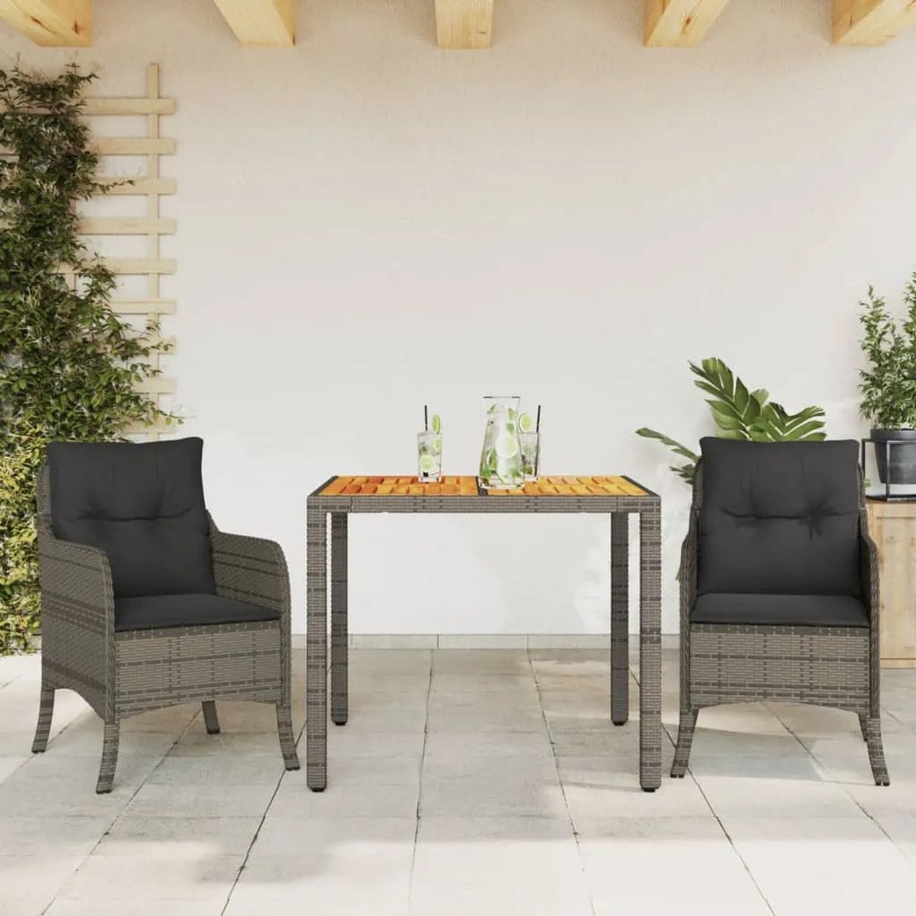 3 pcs conjunto de jantar p/ jardim c/ almofadões vime PE cinza
