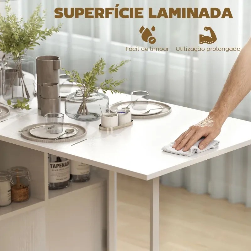 Mesa de Cozinha Dobrável com Arrumação (CADEIRAS NÃO INCLUIDAS) Mesa de Refeição Compacta com 4 Prateleiras 169x60x75 cm Branco