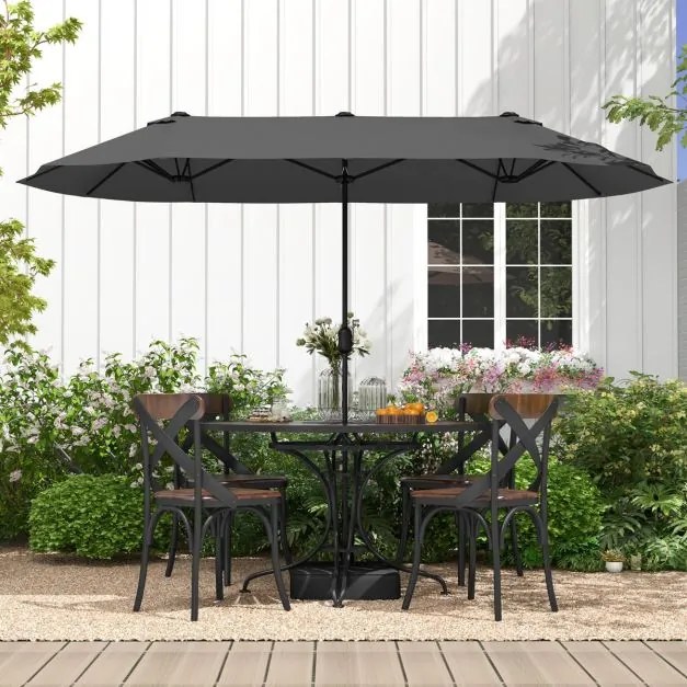 Guarda-sol duplo para jardim com base recarregável, manivela e 12 hastes de alta resistência Cinzento