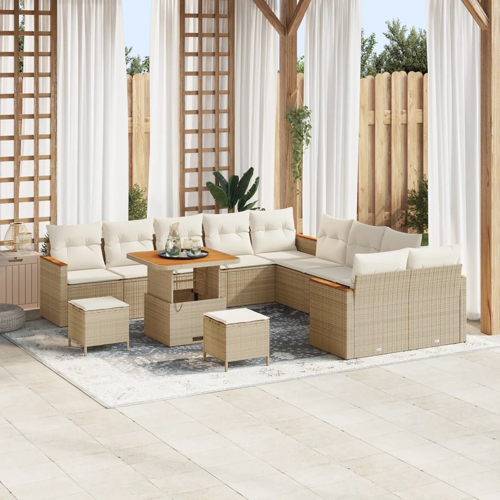 Conjunto de Sofá de Jardim vidaXL com 13 Peças e Almofadas Bege Vime Sintético Acácia