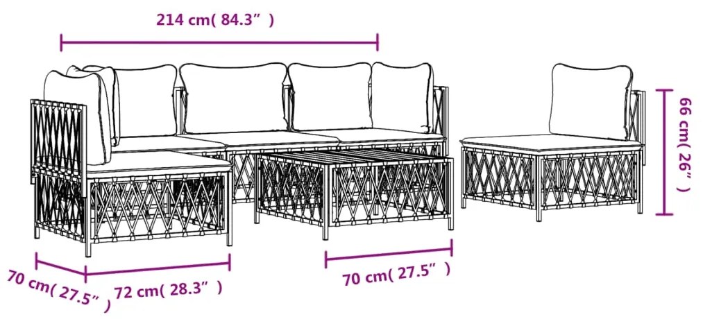 6 pcs conjunto lounge de jardim com almofadões aço branco