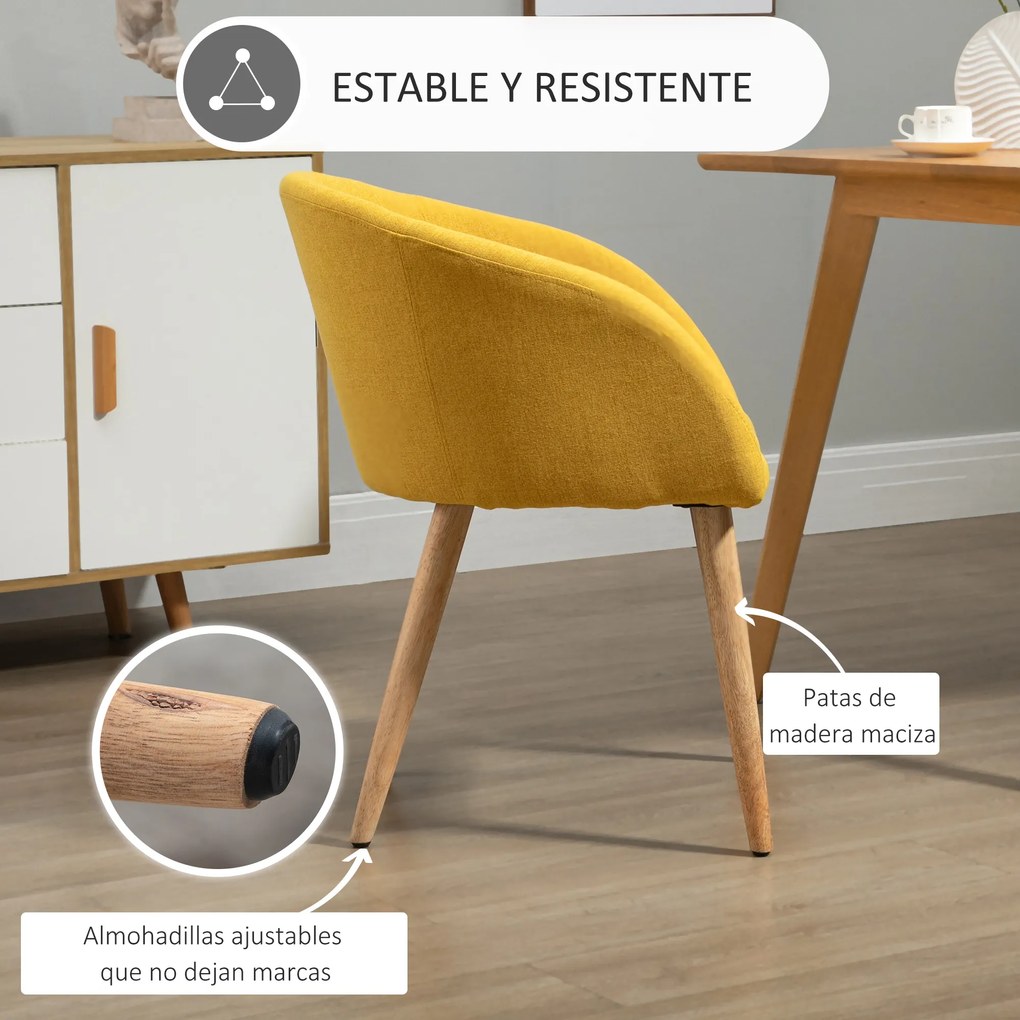 HOMCOM Cadeira de Sala de Jantar Estofada em Linho Sintético Transpirável com Assento Acolchoado e Pés de Madeira Cadeira Moderna para Sala de Estar Dormitório 55x58x74cm Amarelo