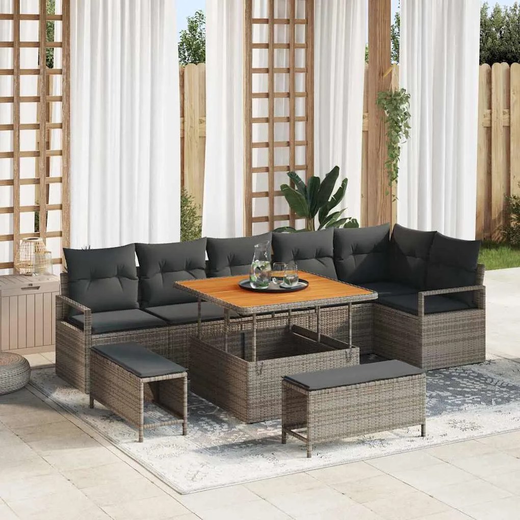 Conjunto de Sofá de Jardim de 9 peças com Almofadas Cinza Polirattan A