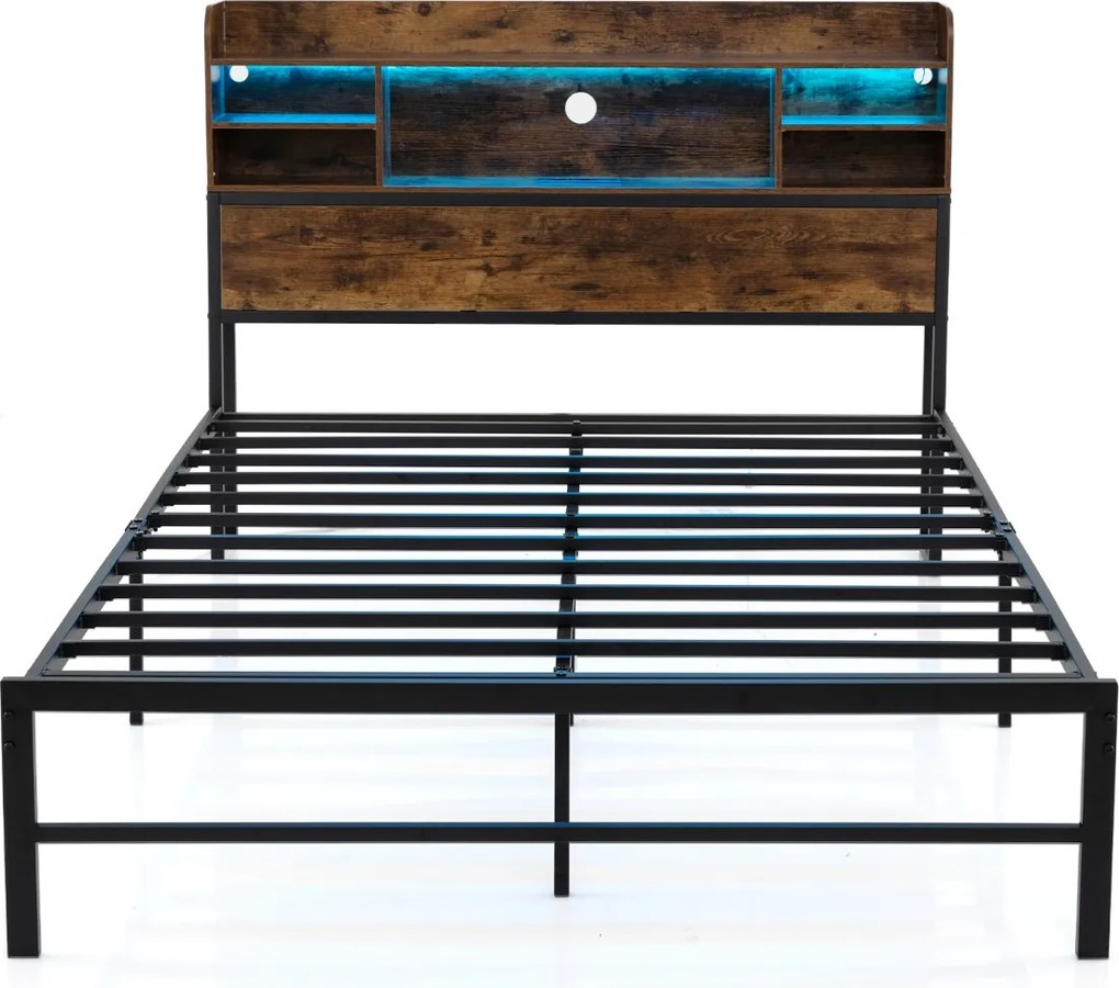 Estrutura cama 200 x 140 cm (COLCHÃO NÃO INCLUIDO) com Luzes LED e Estação de Carregamento 16 Cores 4 Modos Castanho Rústico e Preto