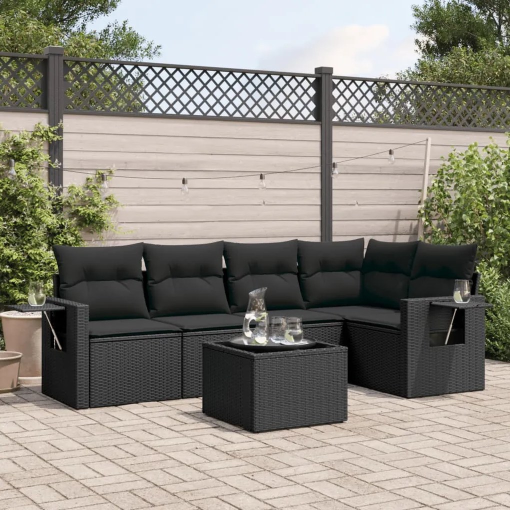 6 pcs conjunto sofás de jardim c/ almofadões vime PE preto