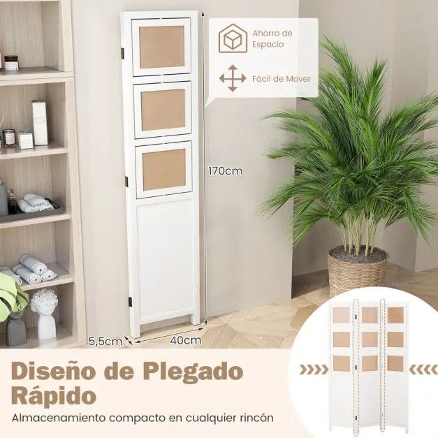 Biombo com 9 Molduras Giratórias 121 x 170 cm de 3 Painéis s para Casa Escritório Branco