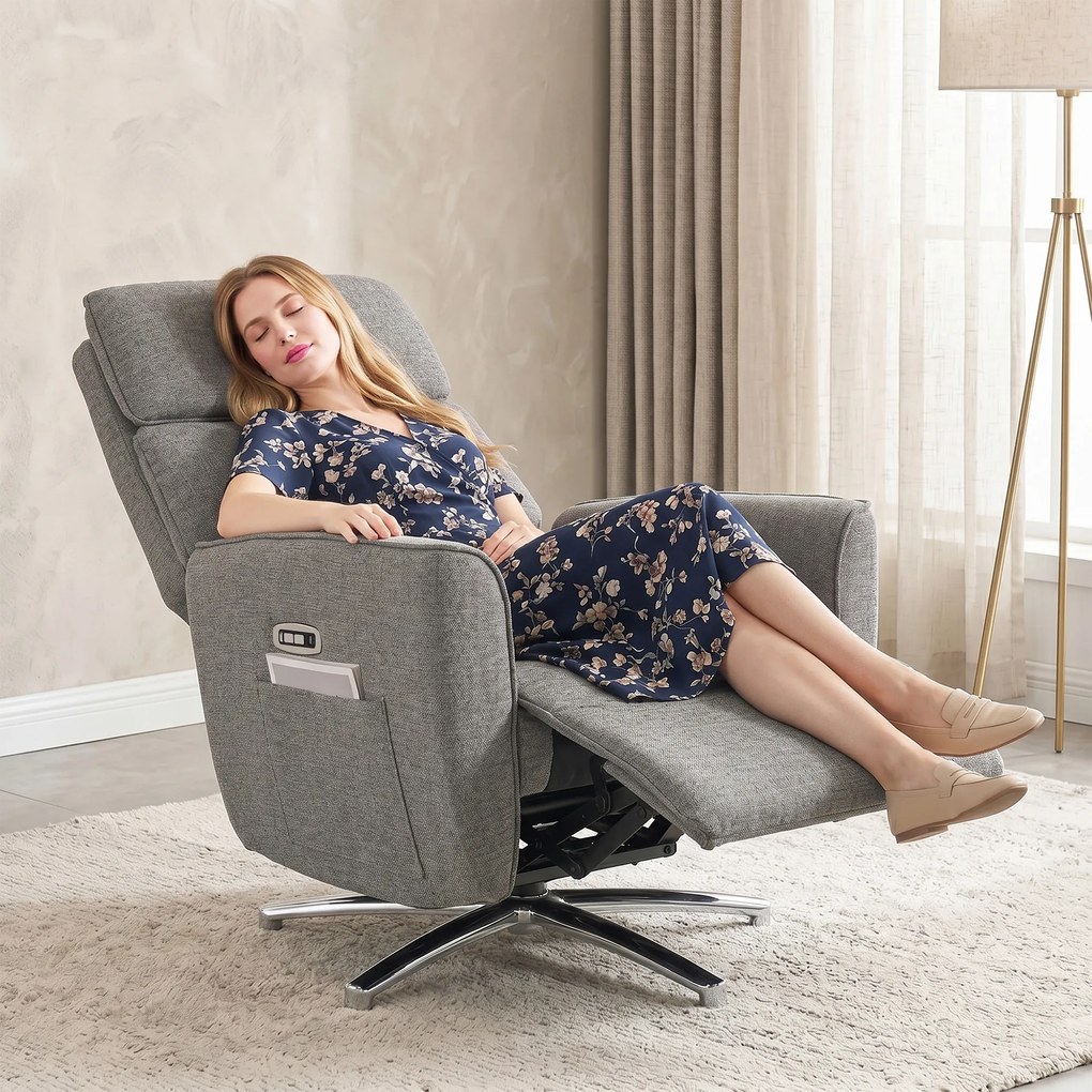 Poltrona Relaxante Elétrica Giratória, 87 x 76 x 114 cm, Apoio de Cabeça Regulável, Cinzenta