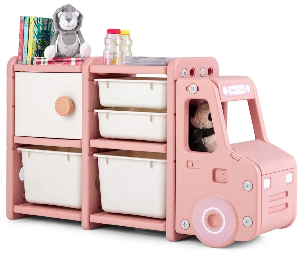 Organizador de brinquedos para crianças Estante infantil em forma de camião com 2 recipientes 2 gavetas Armarios 110 x 32 x 66 cm Rosa