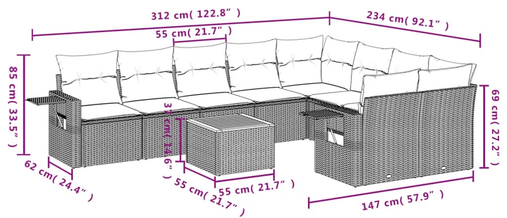 10 pcs conjunto sofás de jardim c/ almofadões vime PE preto