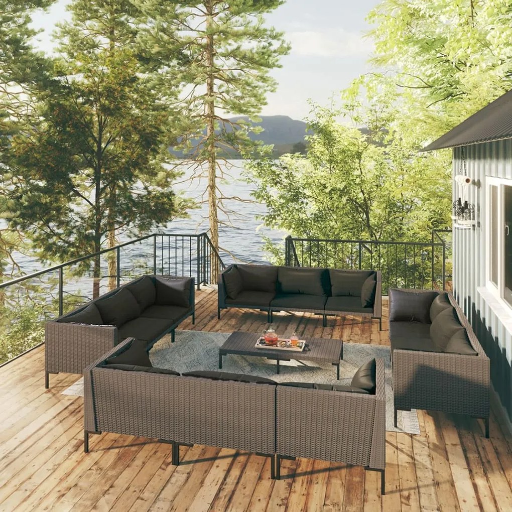 vidaXL 13 pcs conj. lounge jardim c/ almofadões vime PE cinza escuro
