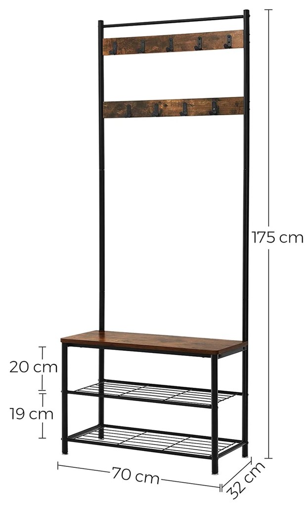 Bengaleiro e sapateira de estilo industrial 70 x 175 x 32 cm Castanho Vintage-preto