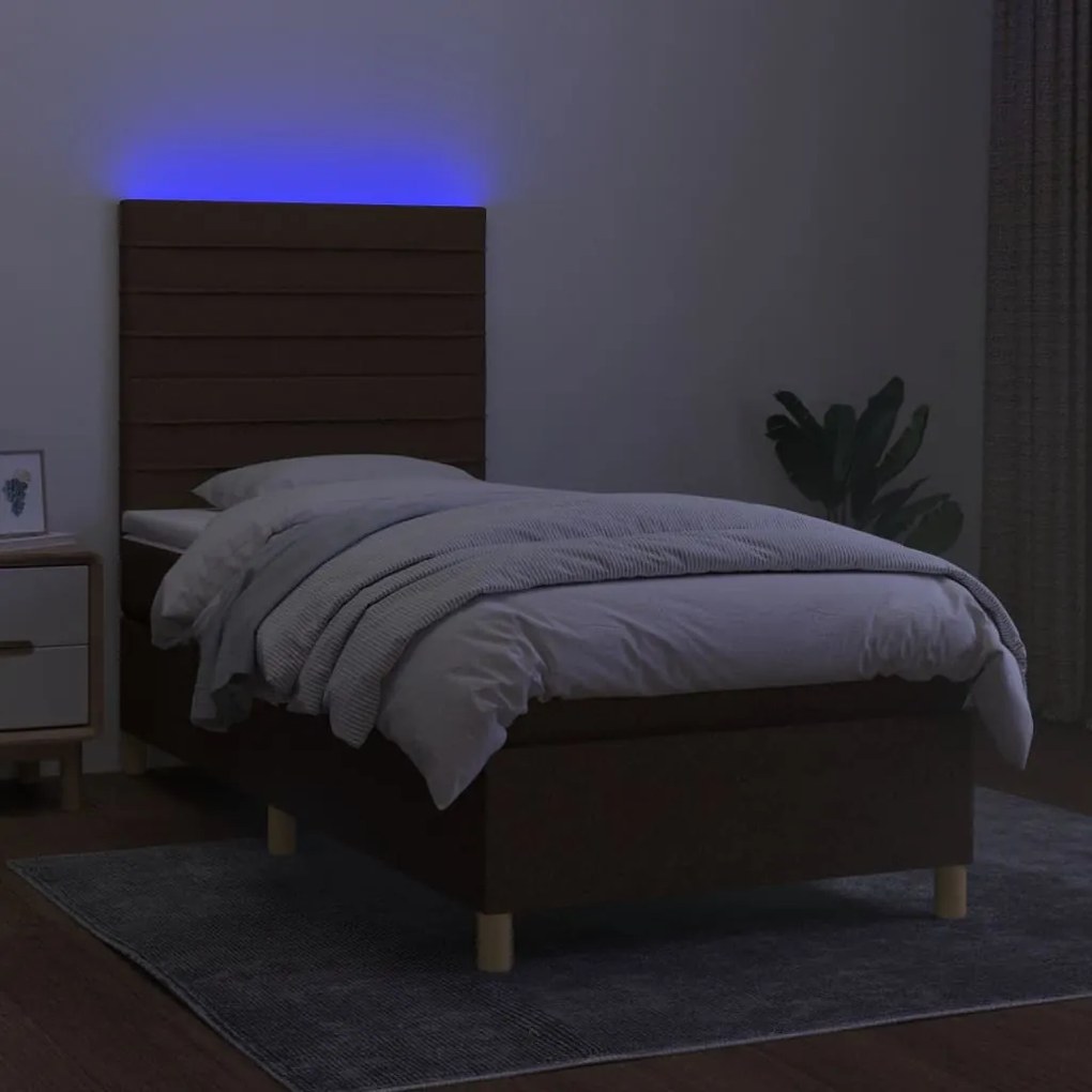 Cama box spring c/ colchão/LED 90x200 cm tecido castanho-escuro