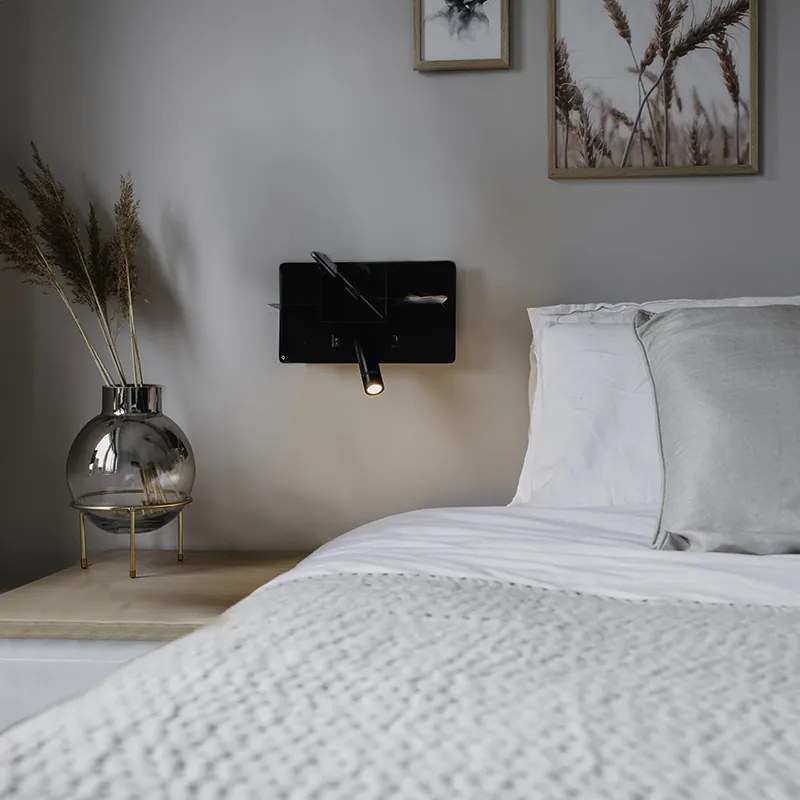 Candeeiro de parede moderno preto com LED e USB - Thijs