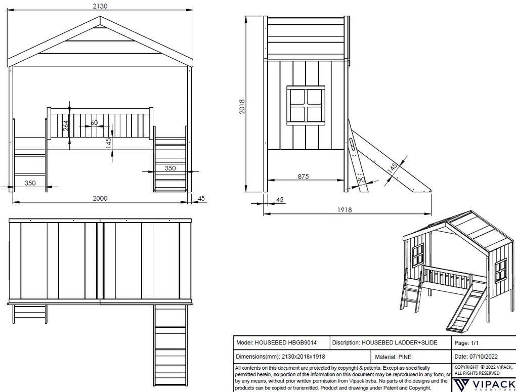 Cama para Crianças Casa HOUSEBED ESCADA + ESCORREGA BRANCA