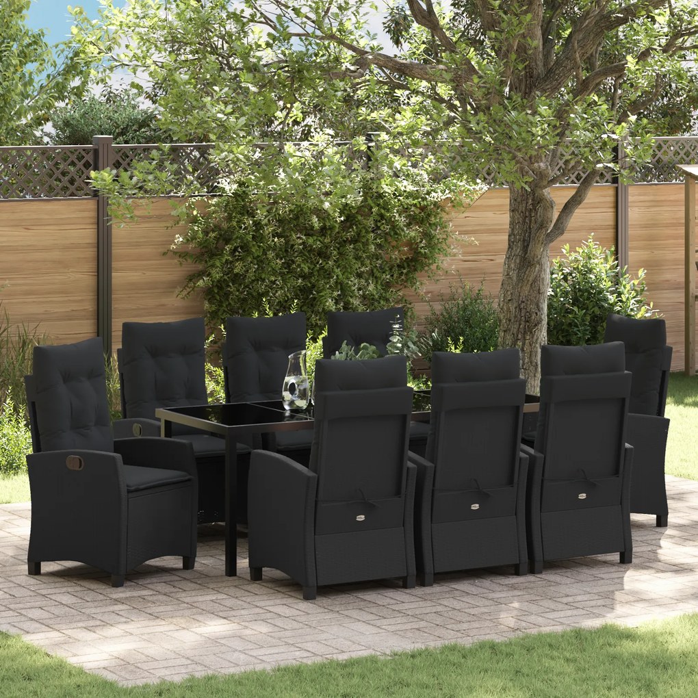 vidaXL Conjunto de Jantar de Jardim com 9 peças e almofadas - Rattan polipropileno preto.