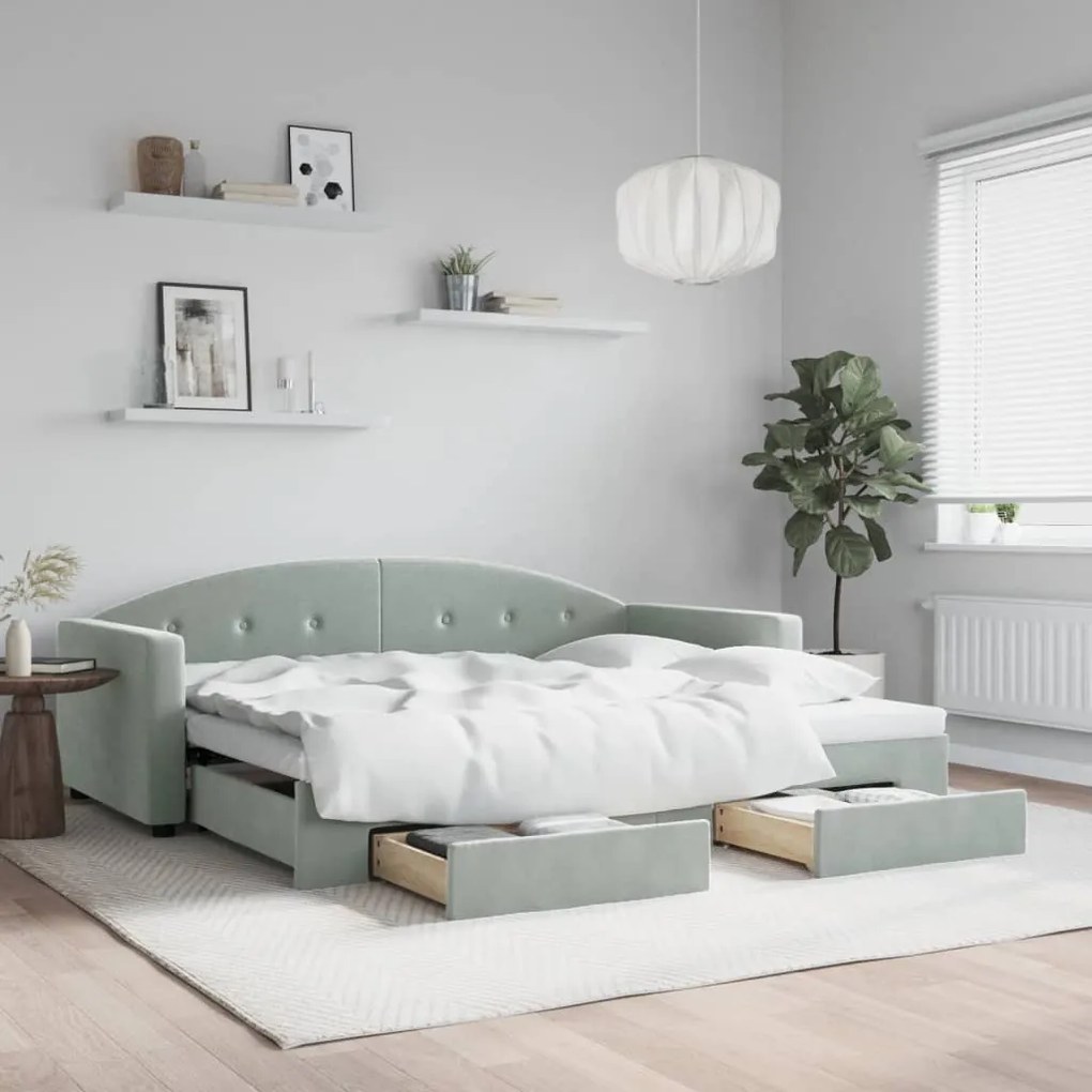 Sofá-cama c/ gavetão e gavetas 90x190 cm veludo cinzento-claro