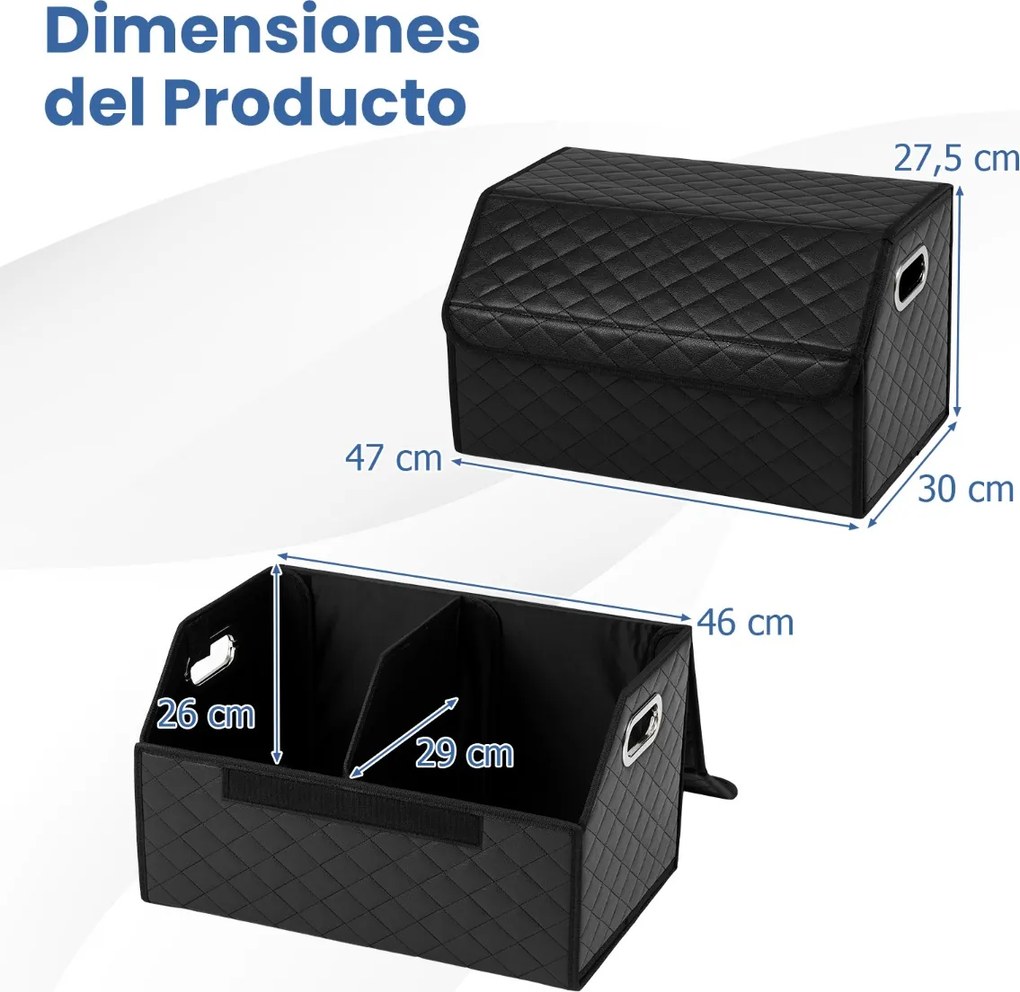 Organizador dobrável 30 x 47 x 27,5 cm para porta-malas de carros 35L com tampa acolchoada em couro e divisória ajustável Preta