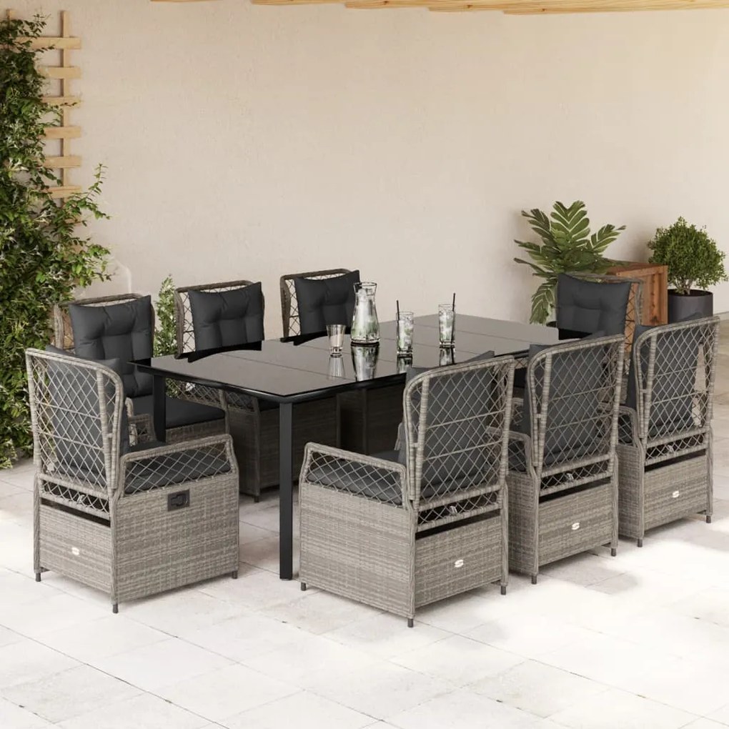 vidaXL 9 pcs conjunto de jantar p/ jardim c/ almofadões cinzento claro