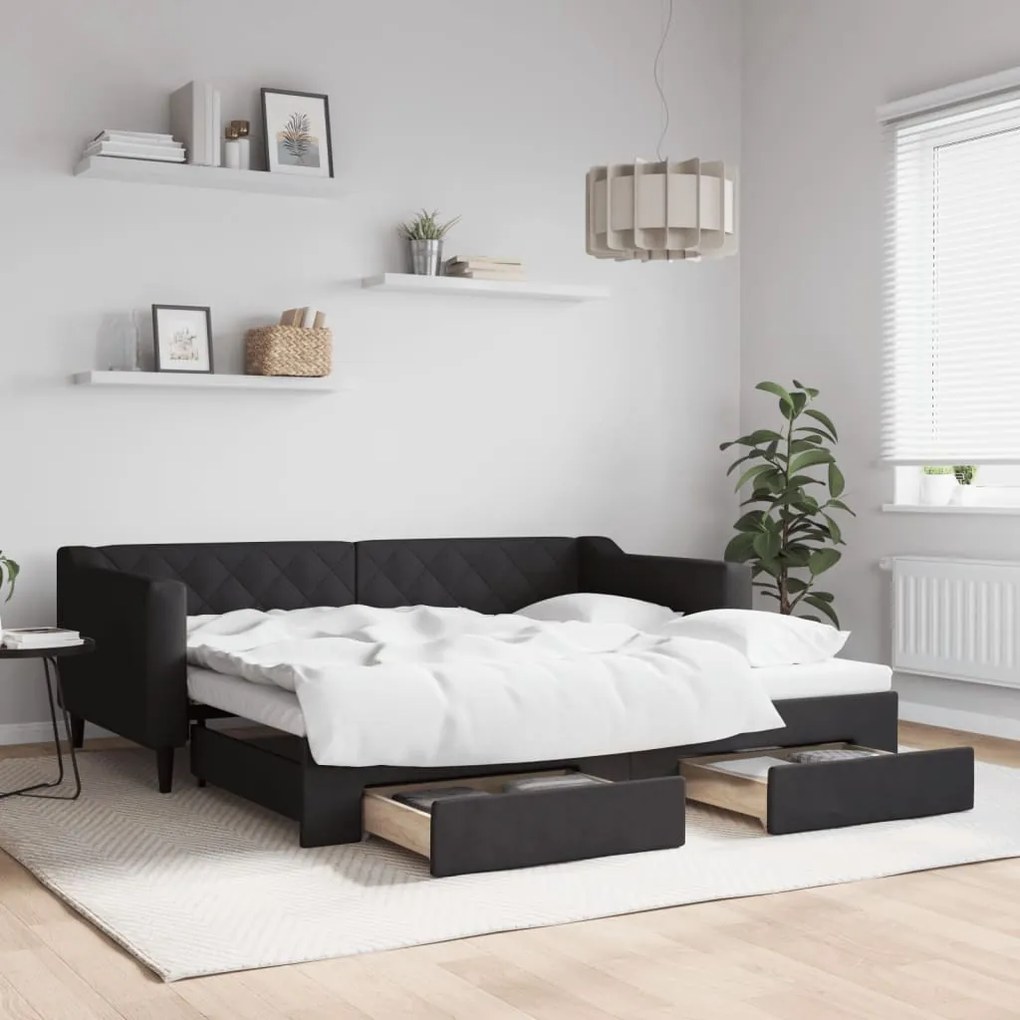 vidaXL Sofá-cama com gavetão e gavetas 90x190 cm tecido preto