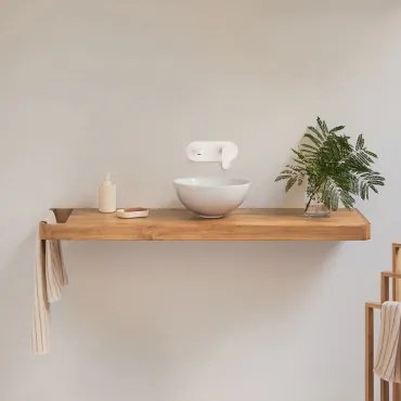 Conjunto De Móvel De Casa De Banho 130x45 Cm Suspenso Em Madeira De Teca Neill Madeira De Teca & Sem Espelho & Branco Para Pia Embutida Com Válvula De