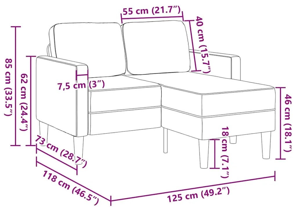 Sofá 2 lugares com Chaise em L 125 cm couro artificial