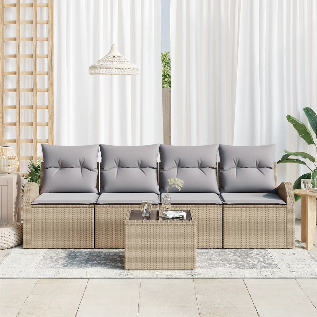 Conjunto de Sofá de Jardim vidaXL 5 Peças com Almofadas Bege de Vime P