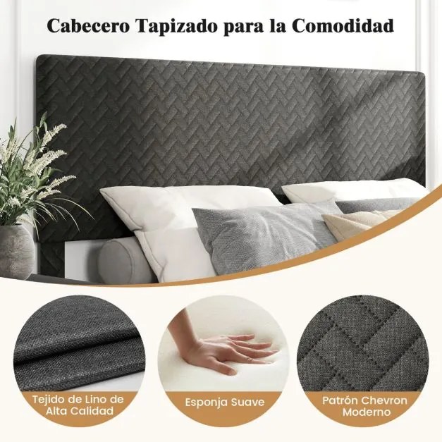 Estrutura de cama 160 x 200 cm com plataforma estofada (COLCHÃO NÃO INCLUIDO), cabeceira Chevron ajustável em altura e base de ripas de madeira incluí