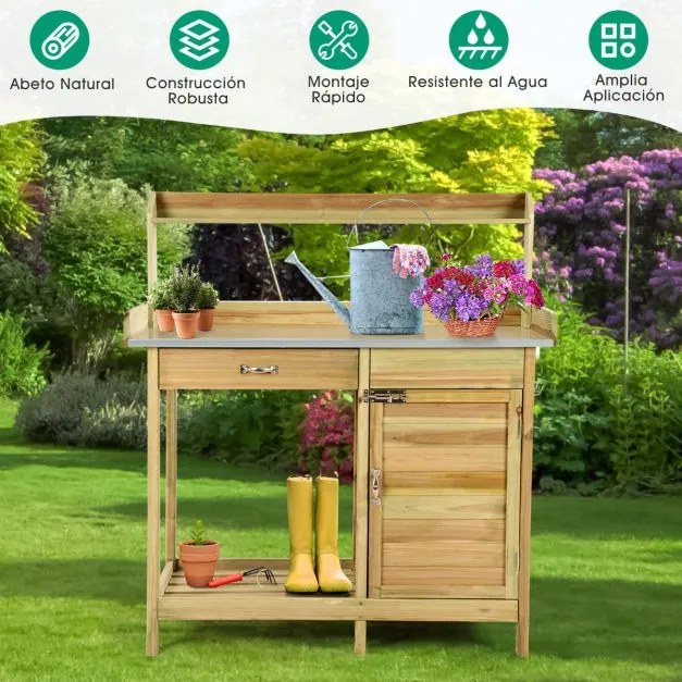 Bancada de trabalho jardim com gaveta, Estante aberta e 3 Ganchos Bancada de jardinagem em madeira para uso exterior Jardim Natural