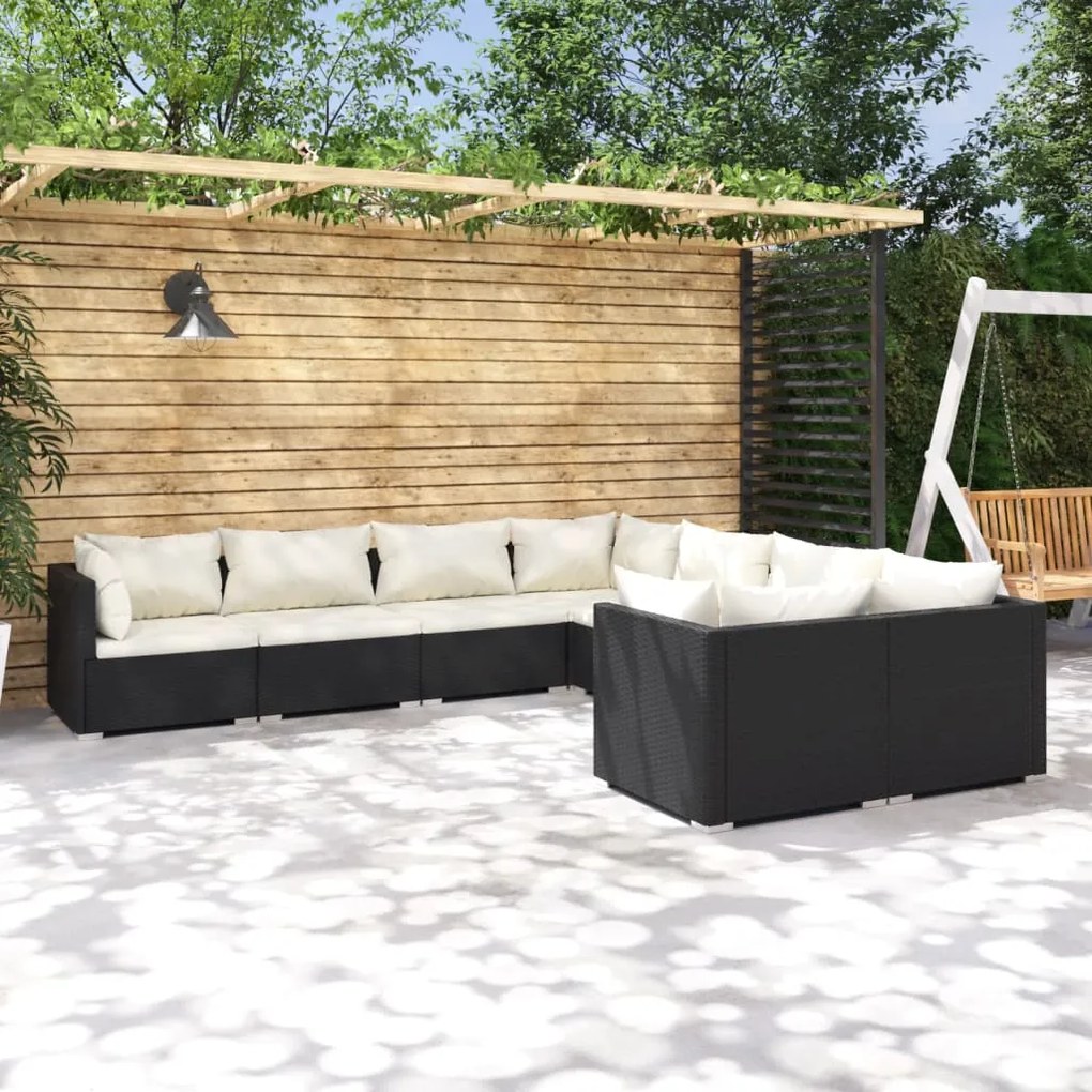 vidaXL 8 pcs conjunto lounge de jardim c/ almofadões vime PE preto
