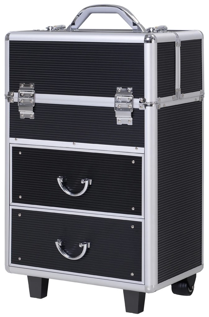 HOMCOM Estojo de maquiagem portátil Estojo profissional de cosméticos com 6 gavetas extensíveis, fechadura, rodas e alça retrátil 36x23x58 cm preta